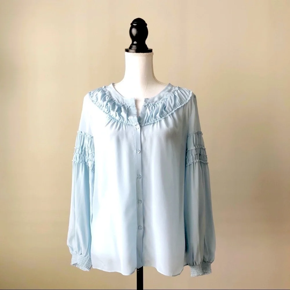 ECRU | The Bacall Silk Baby Blue Button Down Blouse  Sz S - Picture 2 of 9